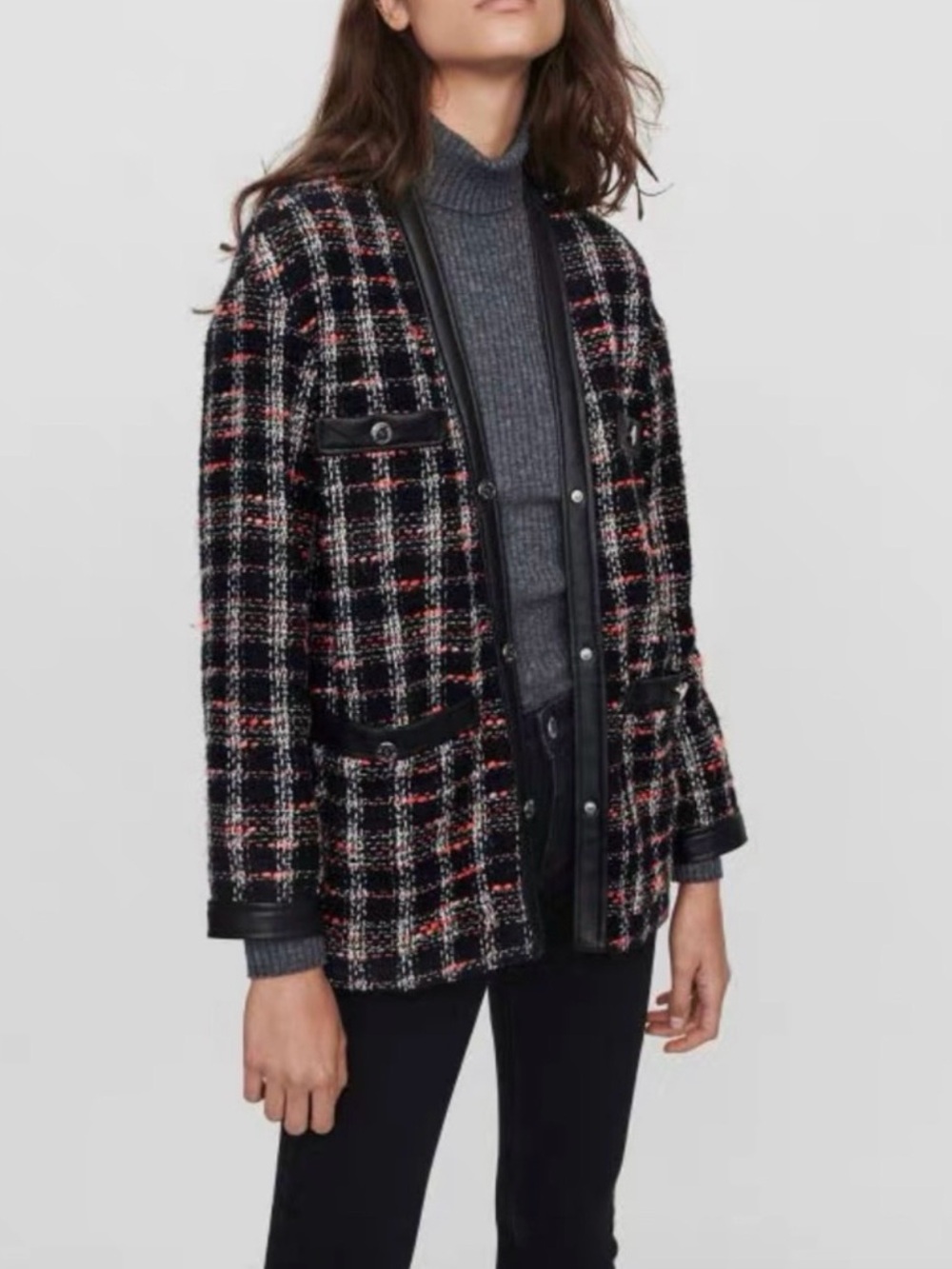 Maje Black Plaid Tweed Blazer with Pink Accents